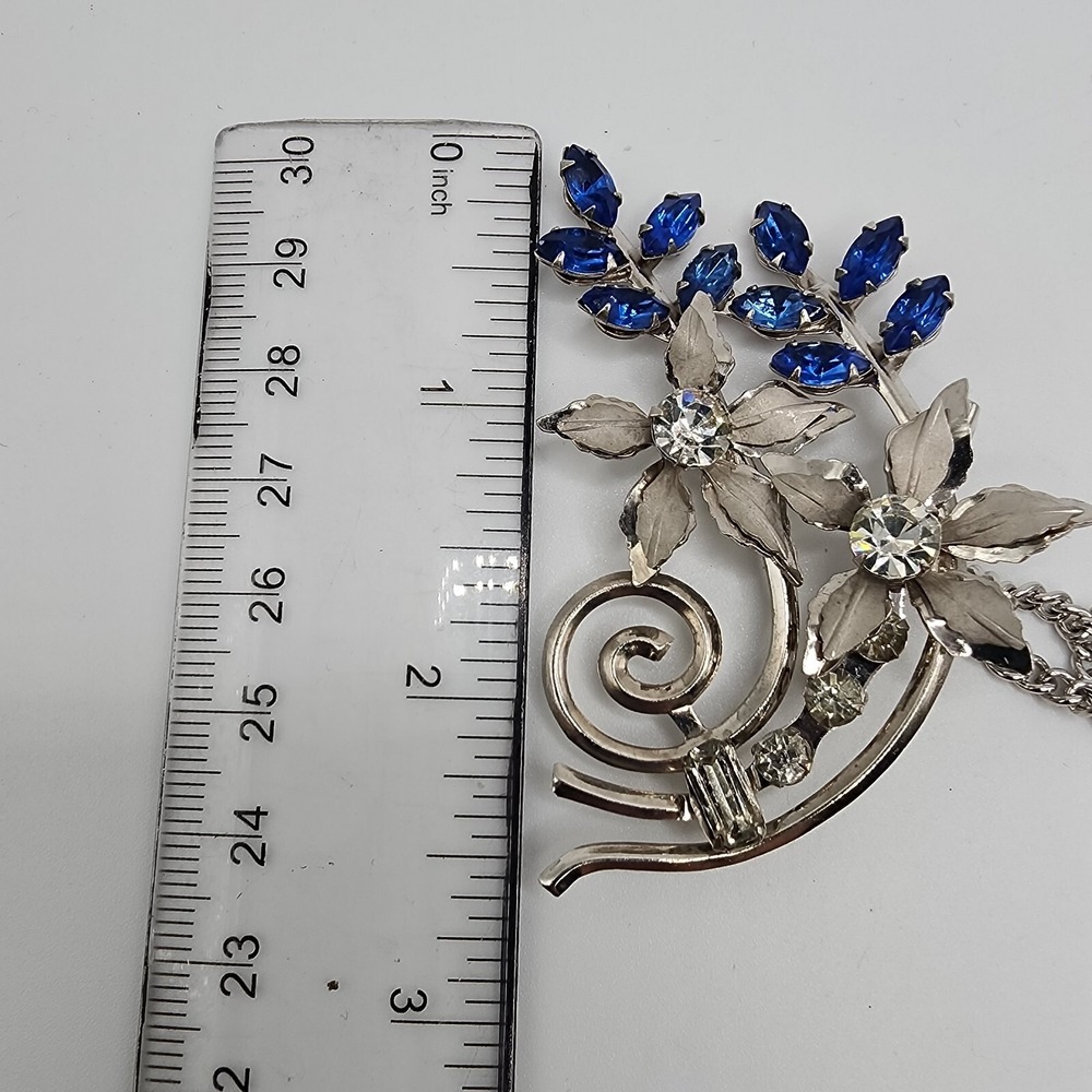 Cobalt Blue Rhinestone Floral Spray Silver Tone Pendant Brooch Retro Statement - Picture 13 of 16